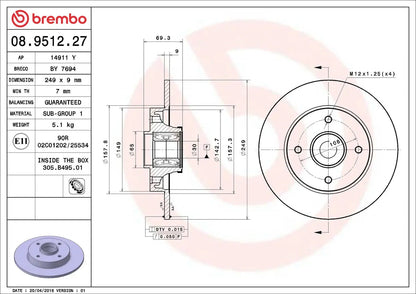 2x BREMBO 08.9512.27 Disque de frein - GR PARTS