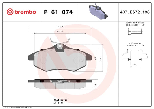 BREMBO P 61 074 Plaquettes de freins Avant