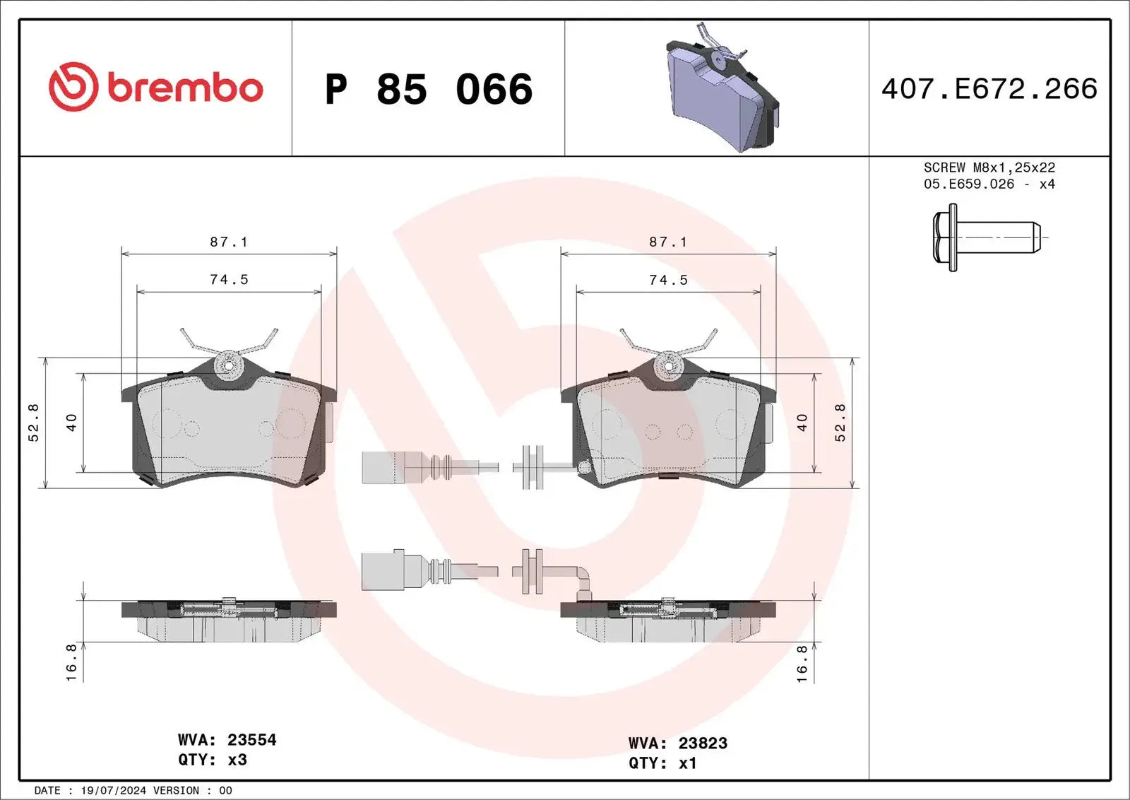 BREMBO Prime P 85 066 Plaquettes de frein contact de signal d'usure inclus BREMBO