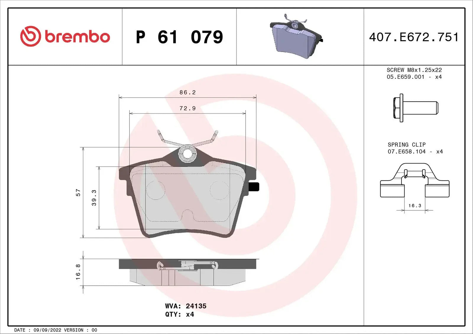 BREMBO Prime P 61 079 Plaquettes de frein contact de signal d'usure sans BREMBO