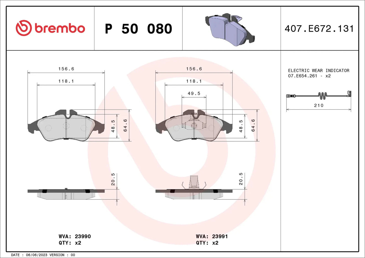 BREMBO Prime P 50 080 Plaquettes de frein contact de signal d'usure inclus