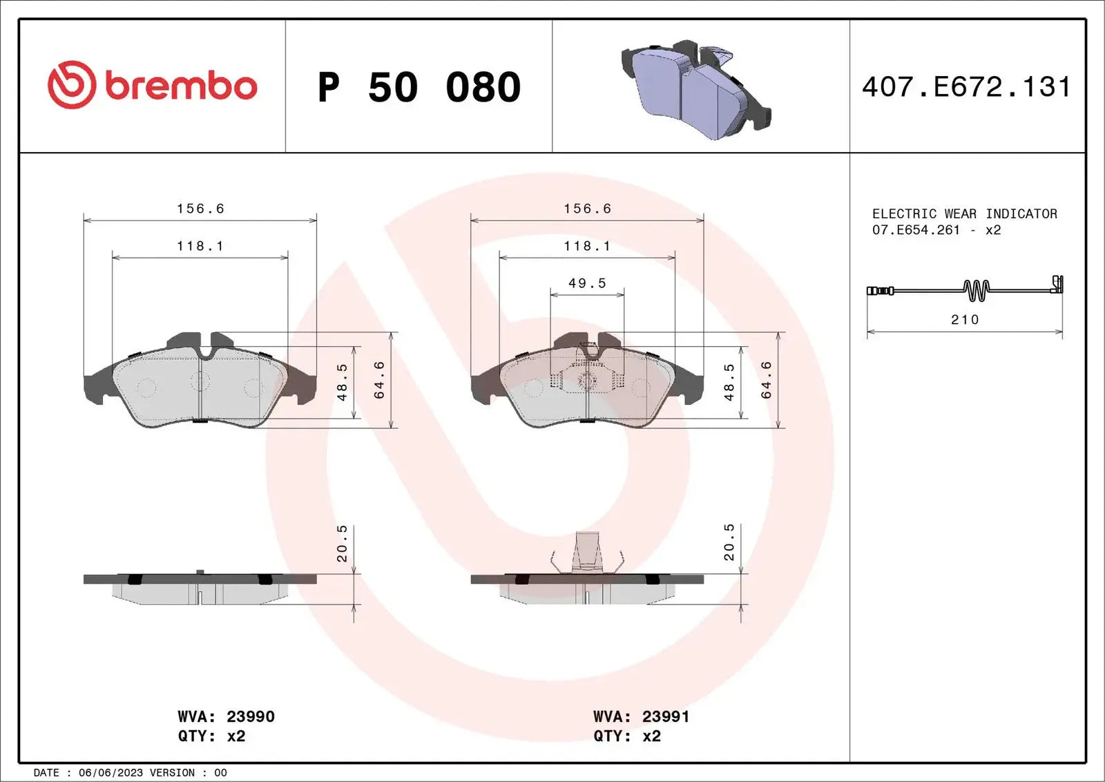 BREMBO Prime P 50 080 Plaquettes de frein contact de signal d'usure inclus BREMBO