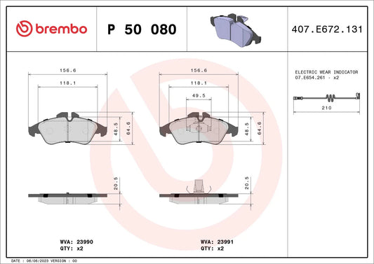 BREMBO Prime P 50 080 Plaquettes de frein contact de signal d'usure inclus