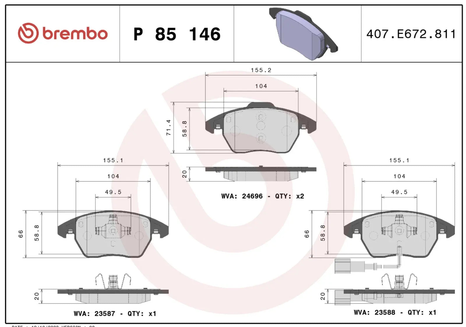 BREMBO P 85 146 Plaquettes de freins BREMBO