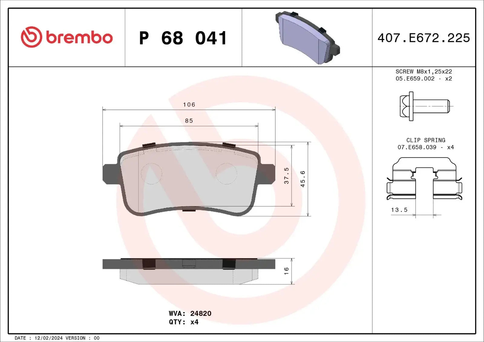 BREMBO P 68 041 Plaquettes de freins Arrière BREMBO