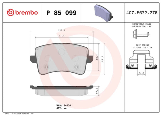 BREMBO P 85 099 Plaquettes de freins Arrière