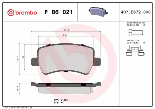 BREMBO P 86 021 Plaquettes de freins Arrière
