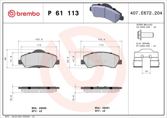 BREMBO P 61 113 Plaquettes de freins Avant