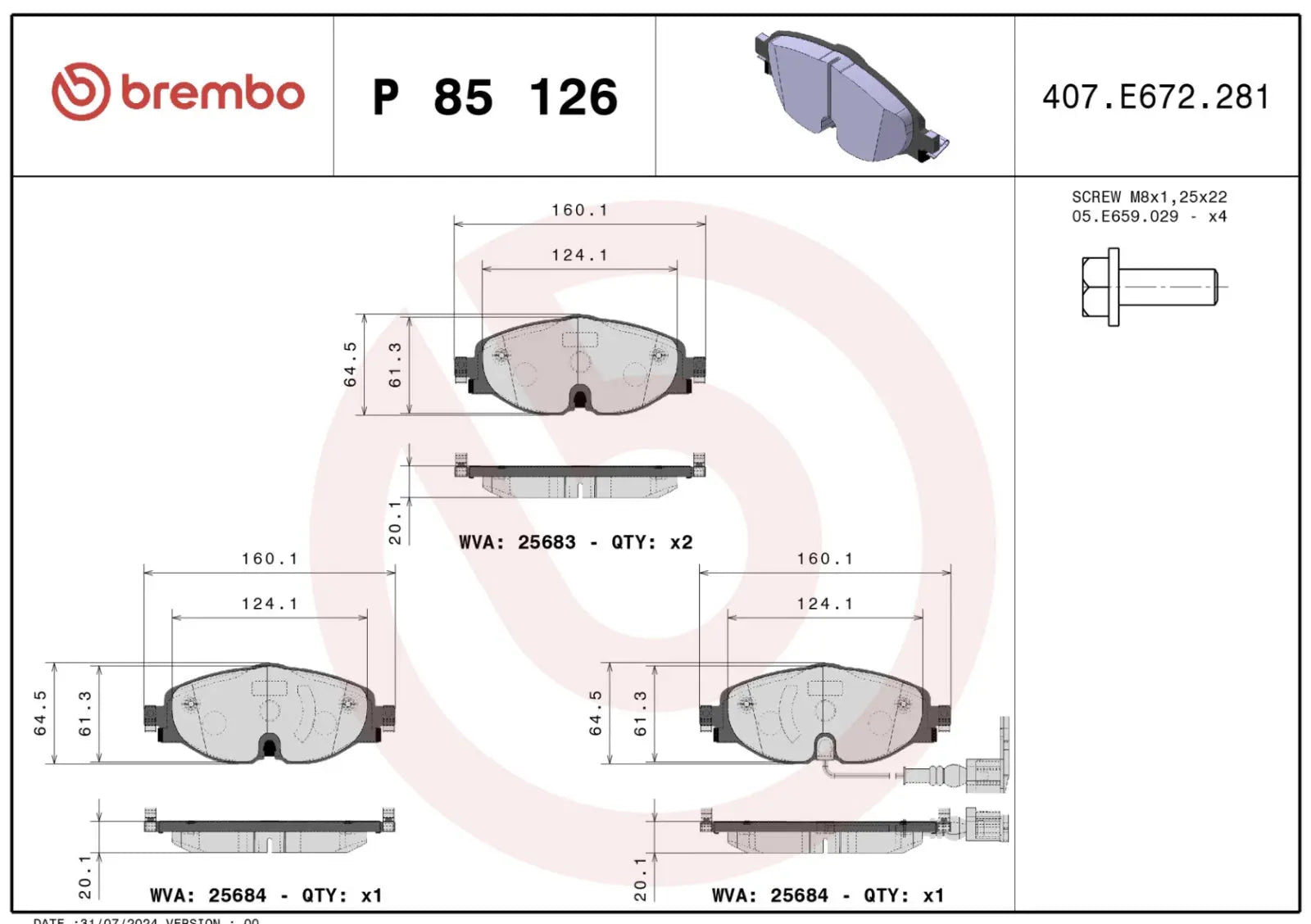 BREMBO P 85 126 Plaquettes de freins BREMBO