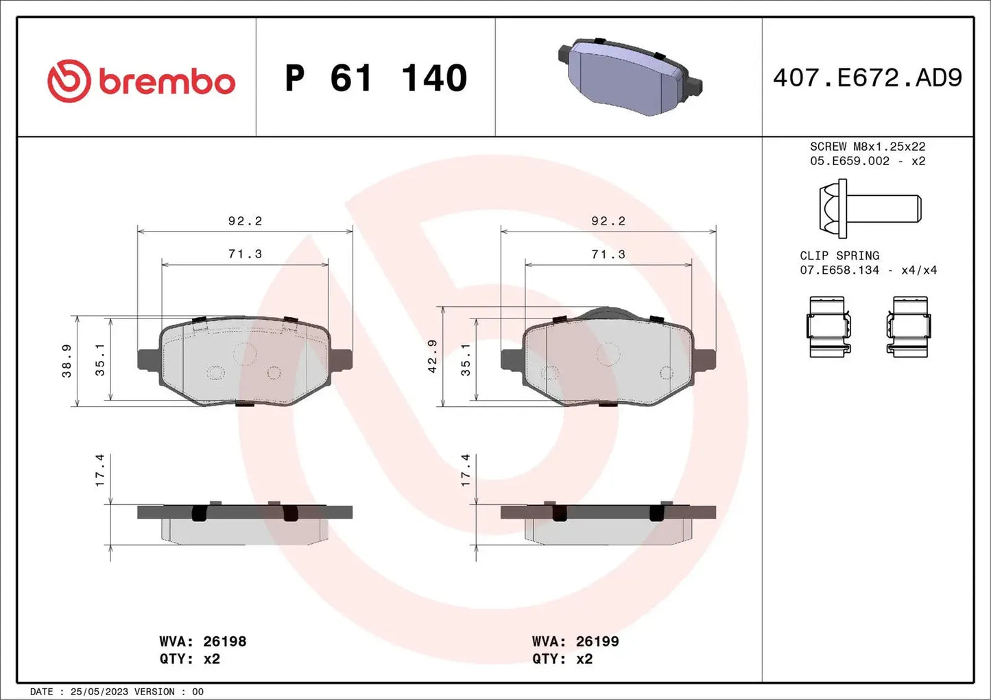 BREMBO P 61 140 Plaquettes de frein BREMBO