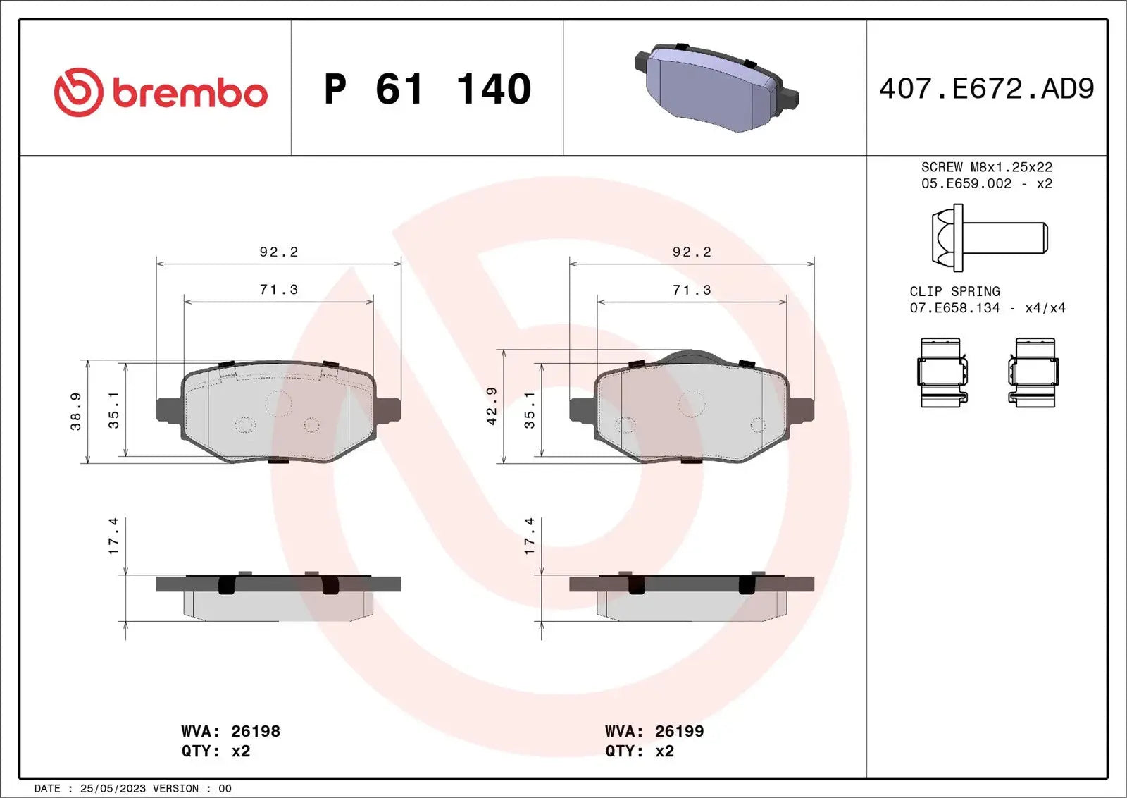BREMBO P 61 140 Plaquettes de frein BREMBO