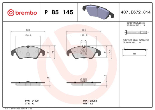BREMBO P 85 145 Plaquettes de freins Avant