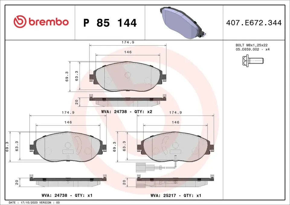 BREMBO Prime P 85 144 Plaquettes de frein BREMBO
