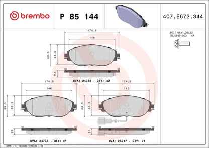 BREMBO Prime P 85 144 Plaquettes de frein BREMBO