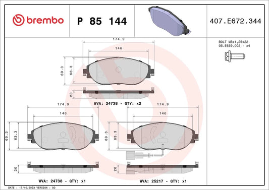 BREMBO Prime P 85 144 Plaquettes de frein