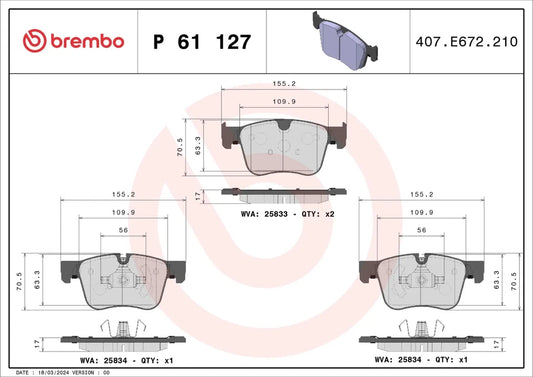 BREMBO P 61 127 Plaquettes de Frein Avant