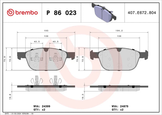 BREMBO P 86 023 Plaquettes de freins Avant