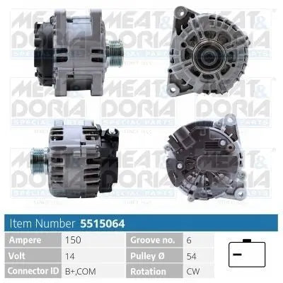 MEAT & DORIA 5515064 Alternateur 14V, 150A, B+,COM, Ø 54 mm MEAT & DORIA