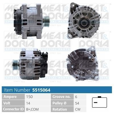 MEAT & DORIA 5515064 Alternateur 14V, 150A, B+,COM, Ø 54 mm
